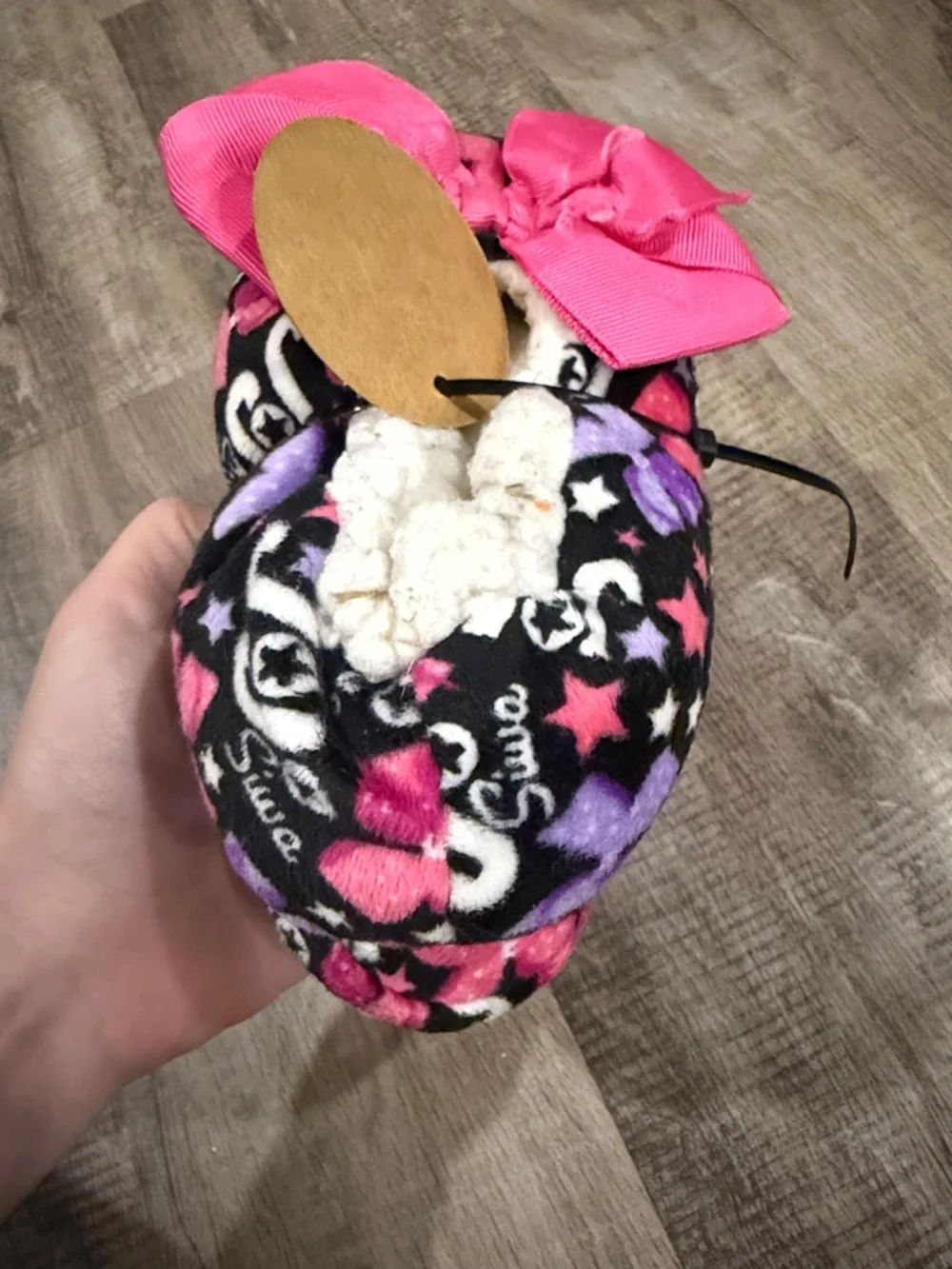 Pink Bow Plush Baby Slipper with Heart & Star Print no size- Jojo Siwa